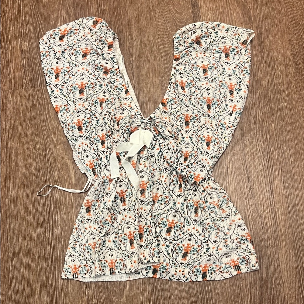 Anthropologie Boho Floral Tie-Front Women's Top in Cream and Orange